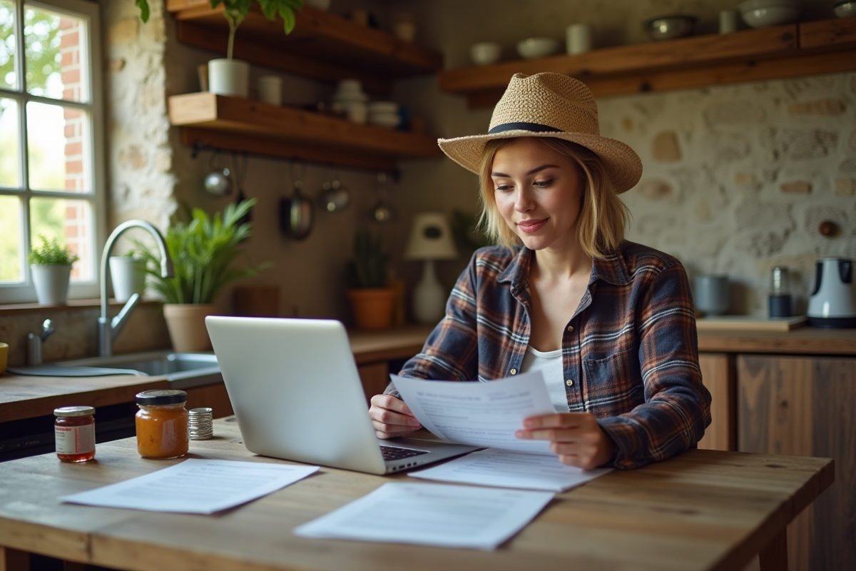 Jeune femme française travaillant à la cuisine rustique
