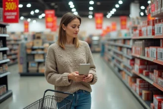 Femme examinant des articles de décoration en solde en magasin