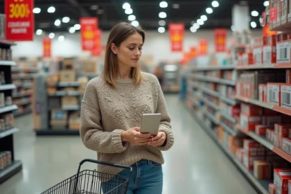 Femme examinant des articles de d&eacute;coration en solde en magasin