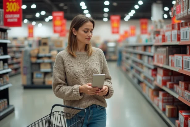 Femme examinant des articles de décoration en solde en magasin