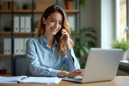 Femme au bureau parlant au smartphone dans un cadre professionnel