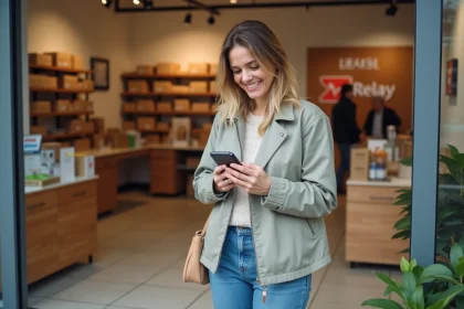 Femme souriante utilisant son smartphone pr&egrave;s d'un point Mondial Relay