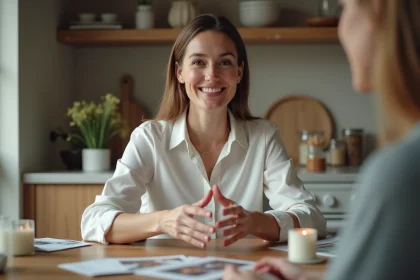 Femme souriante dans une cuisine moderne et chaleureuse