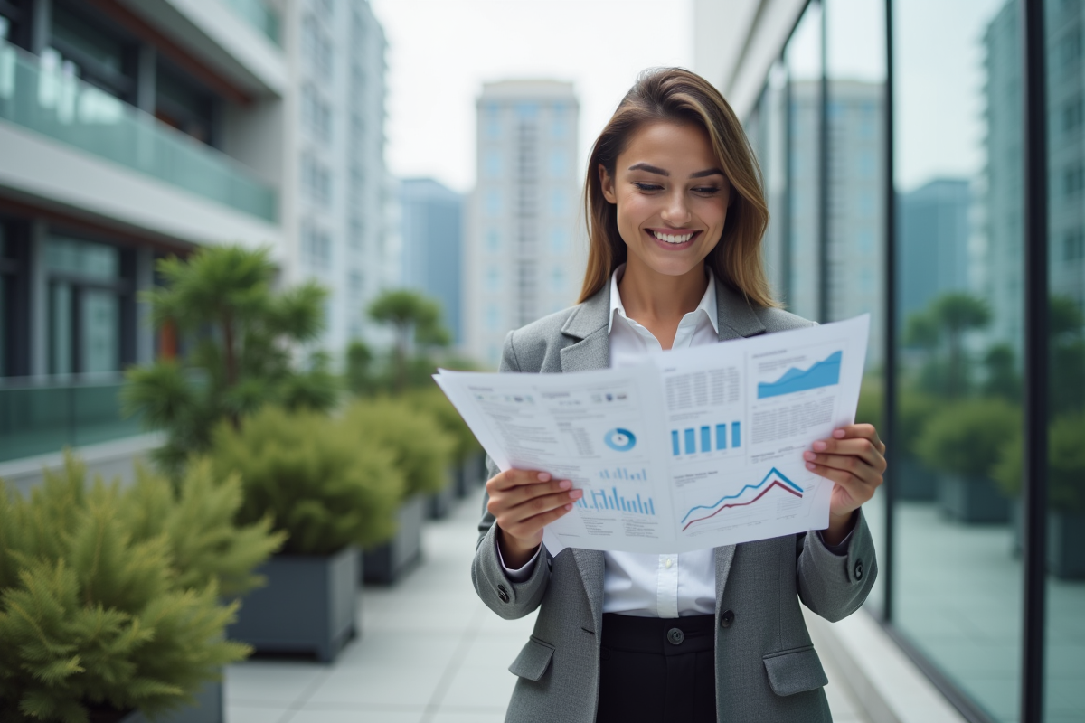 Femme confiante analysant des graphiques en extérieur