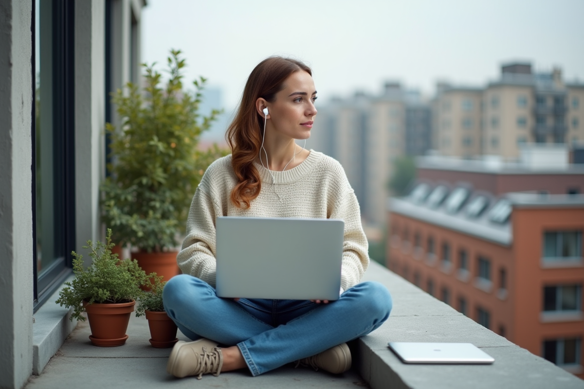 Femme travaillant sur son ordinateur sur un balcon avec vue urbaine