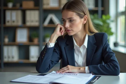 Femme concentr&eacute;e au bureau portant un blazer navy