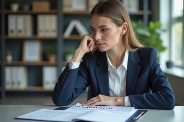 Femme concentrée au bureau portant un blazer navy