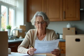 Femme à domicile entourée de cartons d'emballage lisant un document suspect avec une expression méfiante
