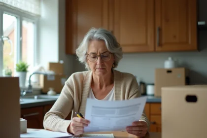 Femme à domicile entourée de cartons d'emballage lisant un document suspect avec une expression méfiante