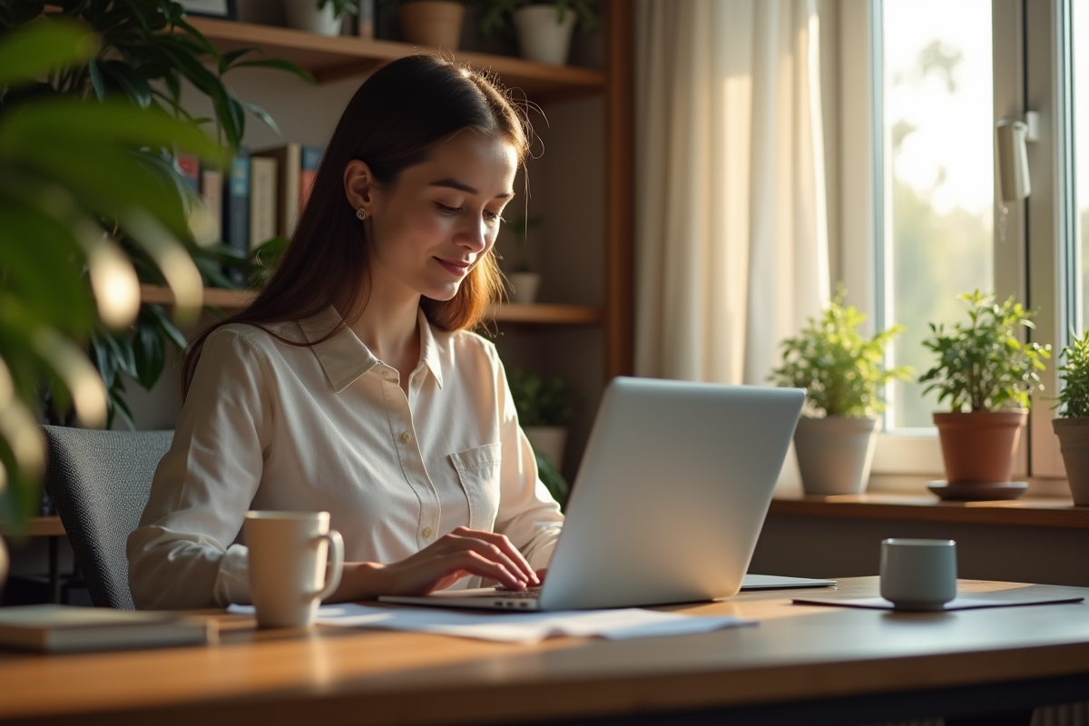 Jeune femme professionnelle travaillant sur un ordinateur dans un bureau cosy