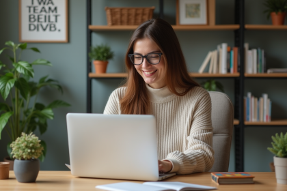 Femme en télétravail dans un bureau cosy et organisé