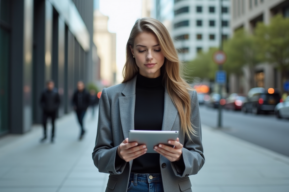 Jeune femme en ville avec une tablette et regard pensif