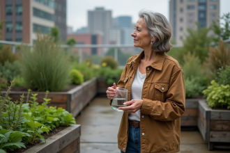Femme réfléchie tenant un bécher dans un jardin urbain