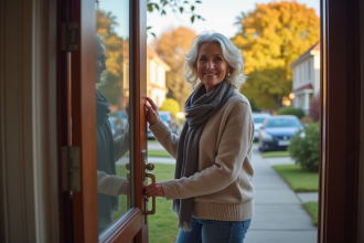 Femme vérifiant la serrure de sa porte d'entrée en automne