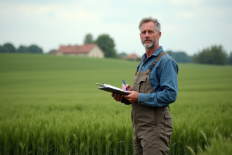 Paysage avec fermier français dans un champ de blé
