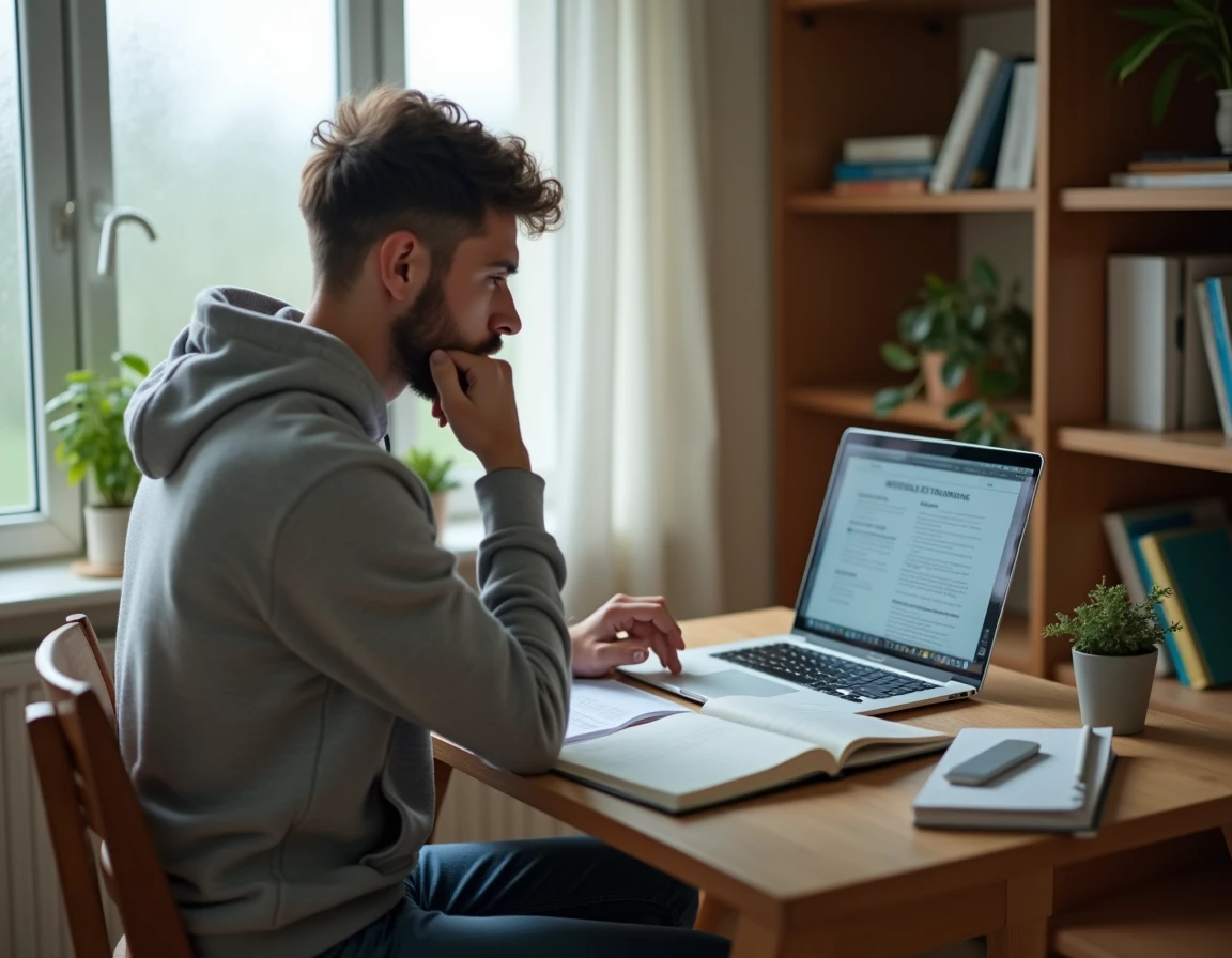 Jeune adulte en reconversion professionnelle étudiant une formation en ligne pour se réorienter vers la vente et le commerce de détail depuis son bureau à domicile