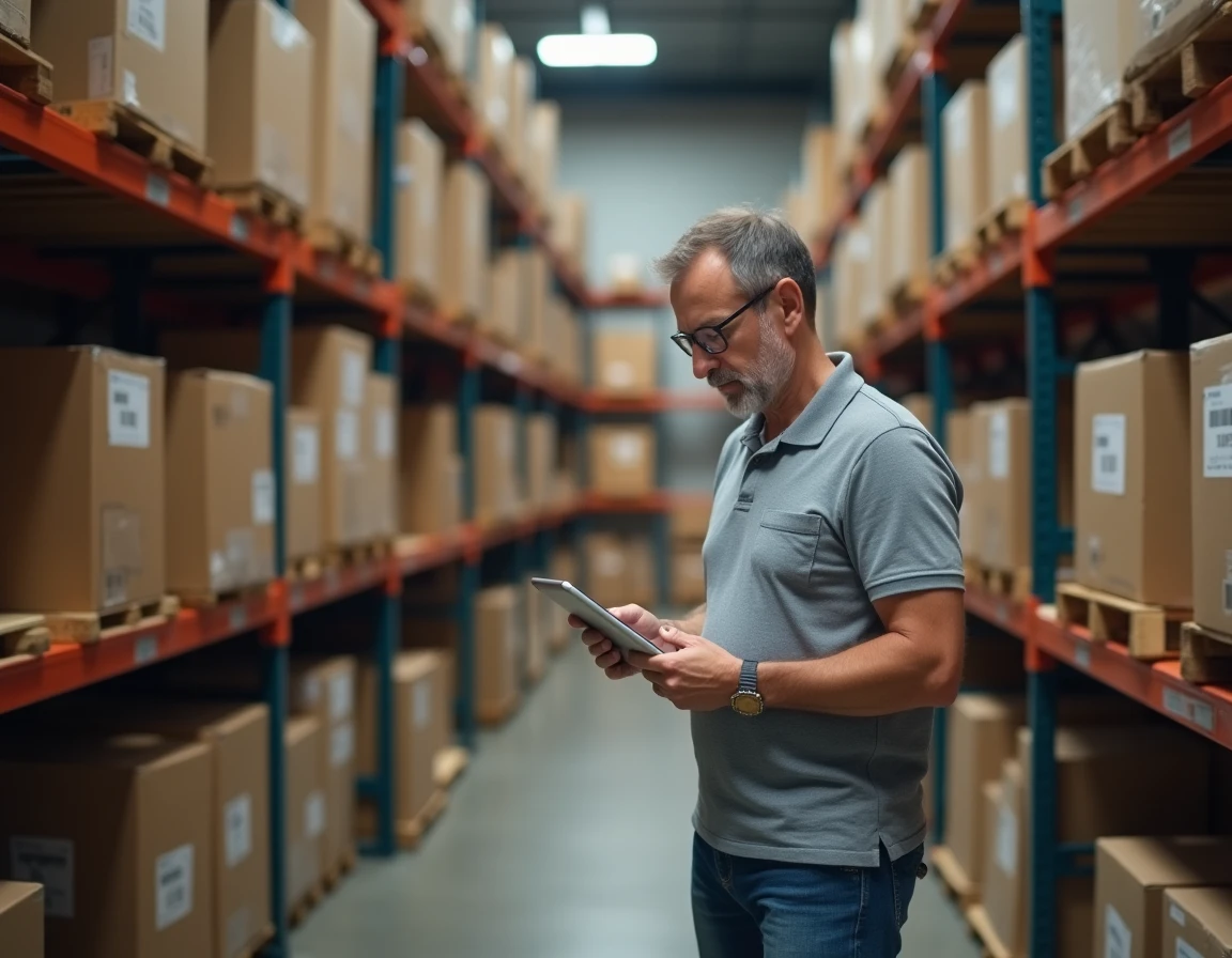 Responsable logistique consultant un tableau de bord GTM sur tablette dans un entrepôt de La Poste