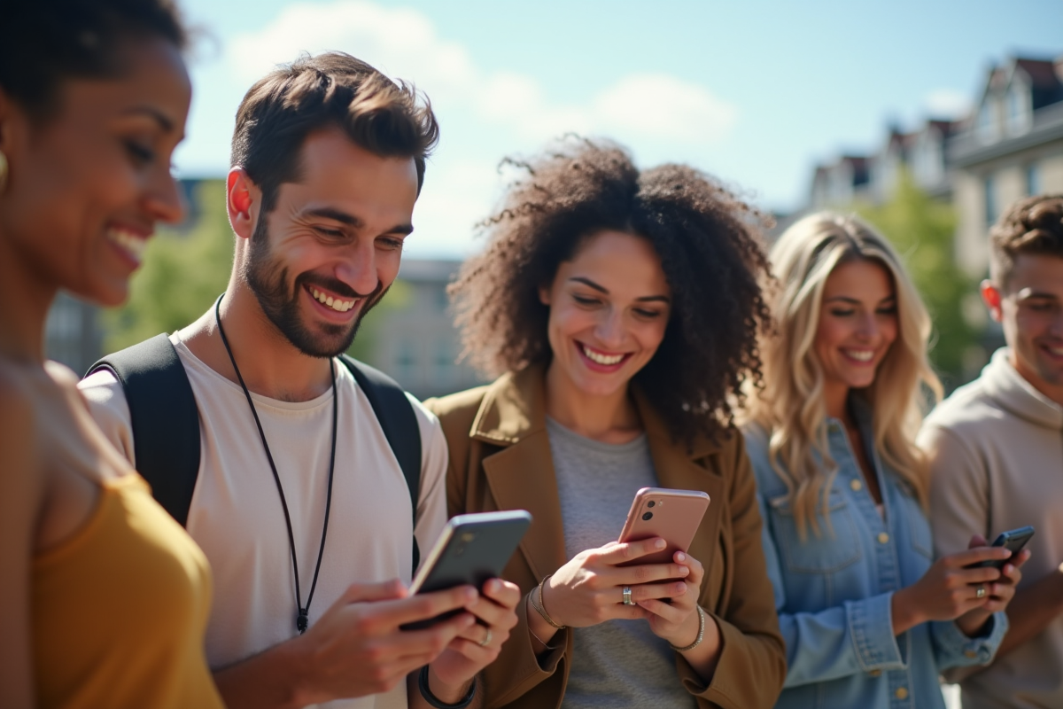 Groupe de personnes souriantes lisant des SMS en extérieur
