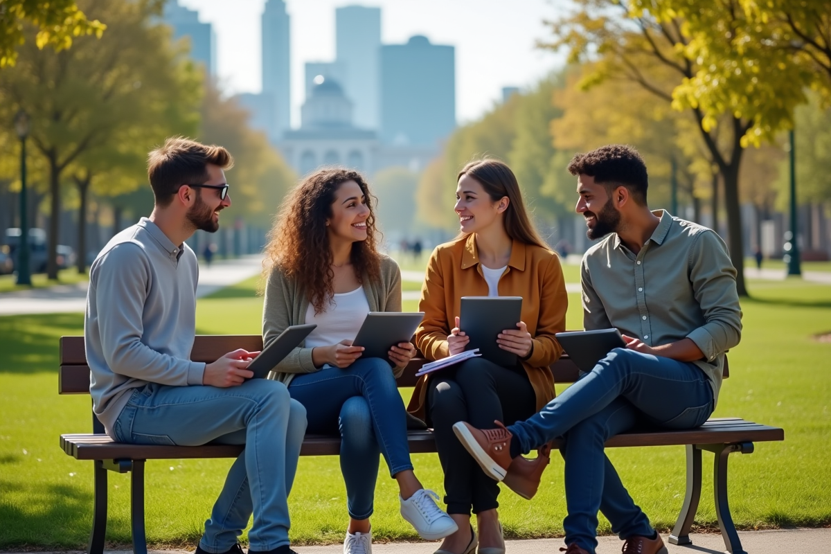 Groupe de quatre jeunes en discussion dans un parc urbain ensoleille
