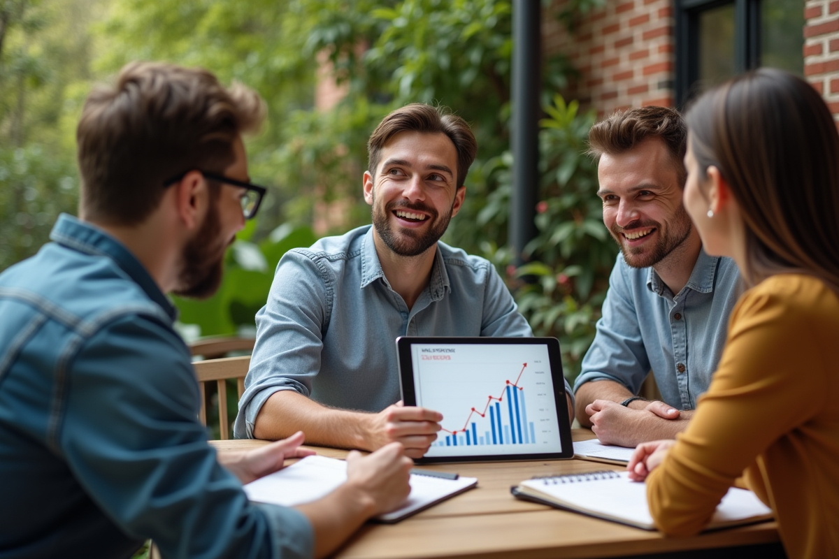 Groupe de collègues discutant autour d une table en café