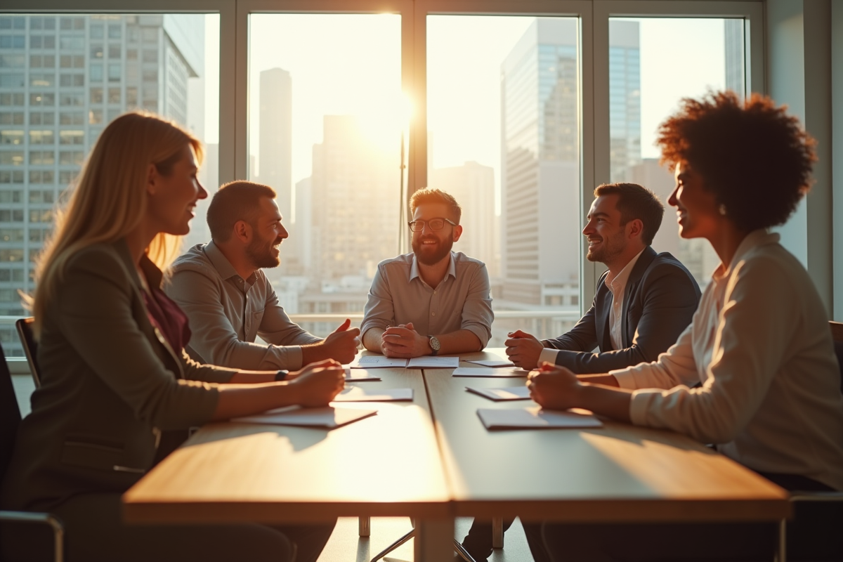 Groupe de collègues divers travaillant en équipe dans un bureau lumineux