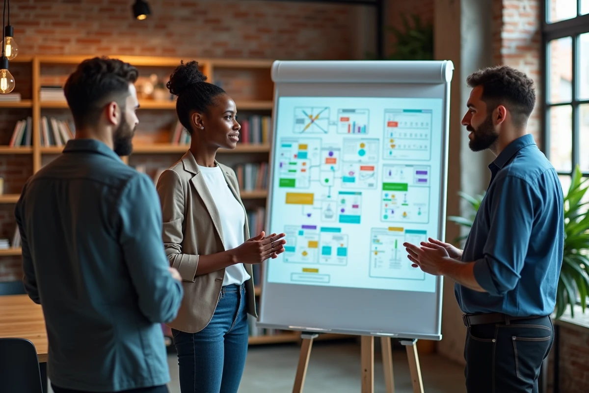 Groupe de professionnels discutant autour d