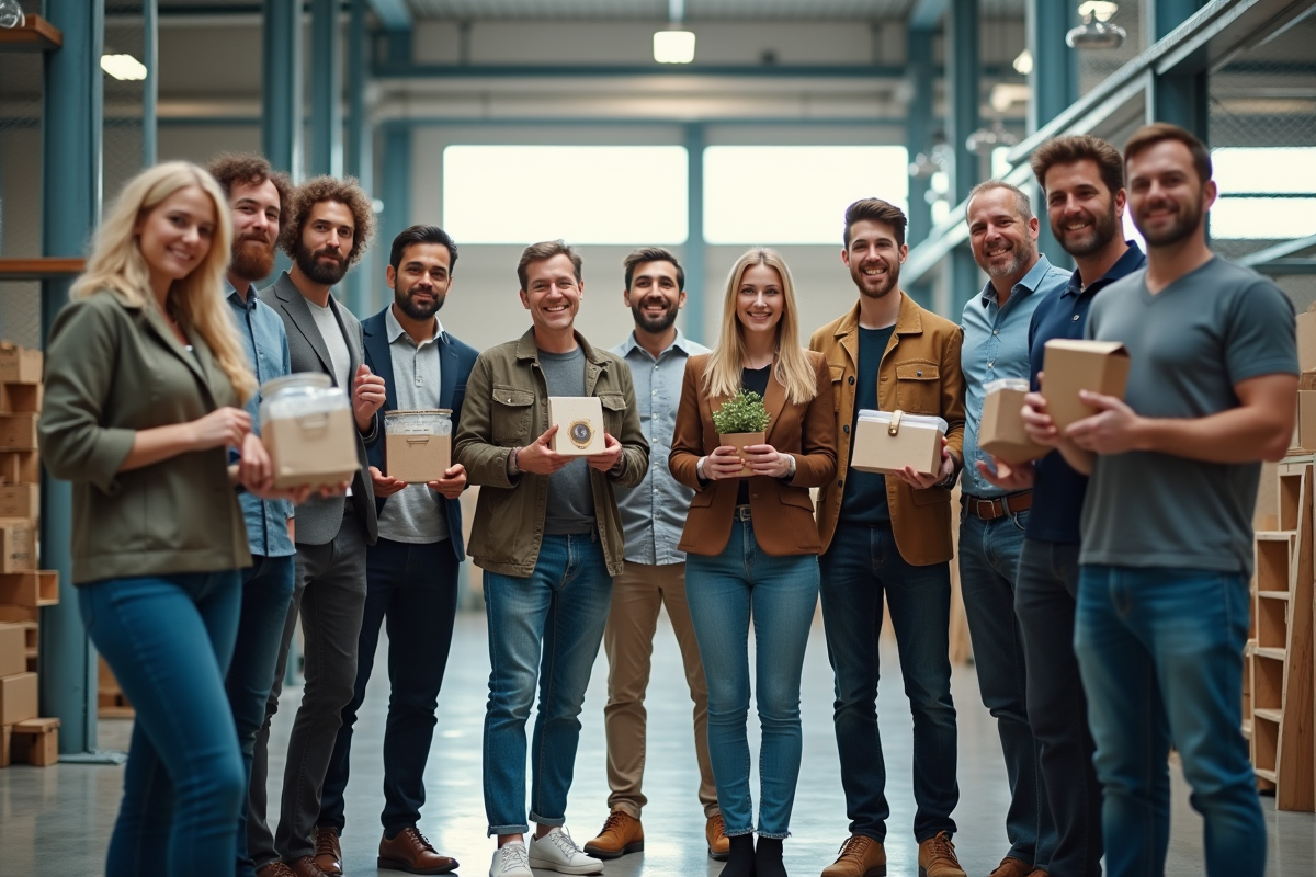 Groupe d'entrepreneurs dans une usine de recyclage innovante