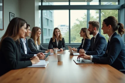 Groupe de professionnels en r&eacute;union dans un bureau moderne