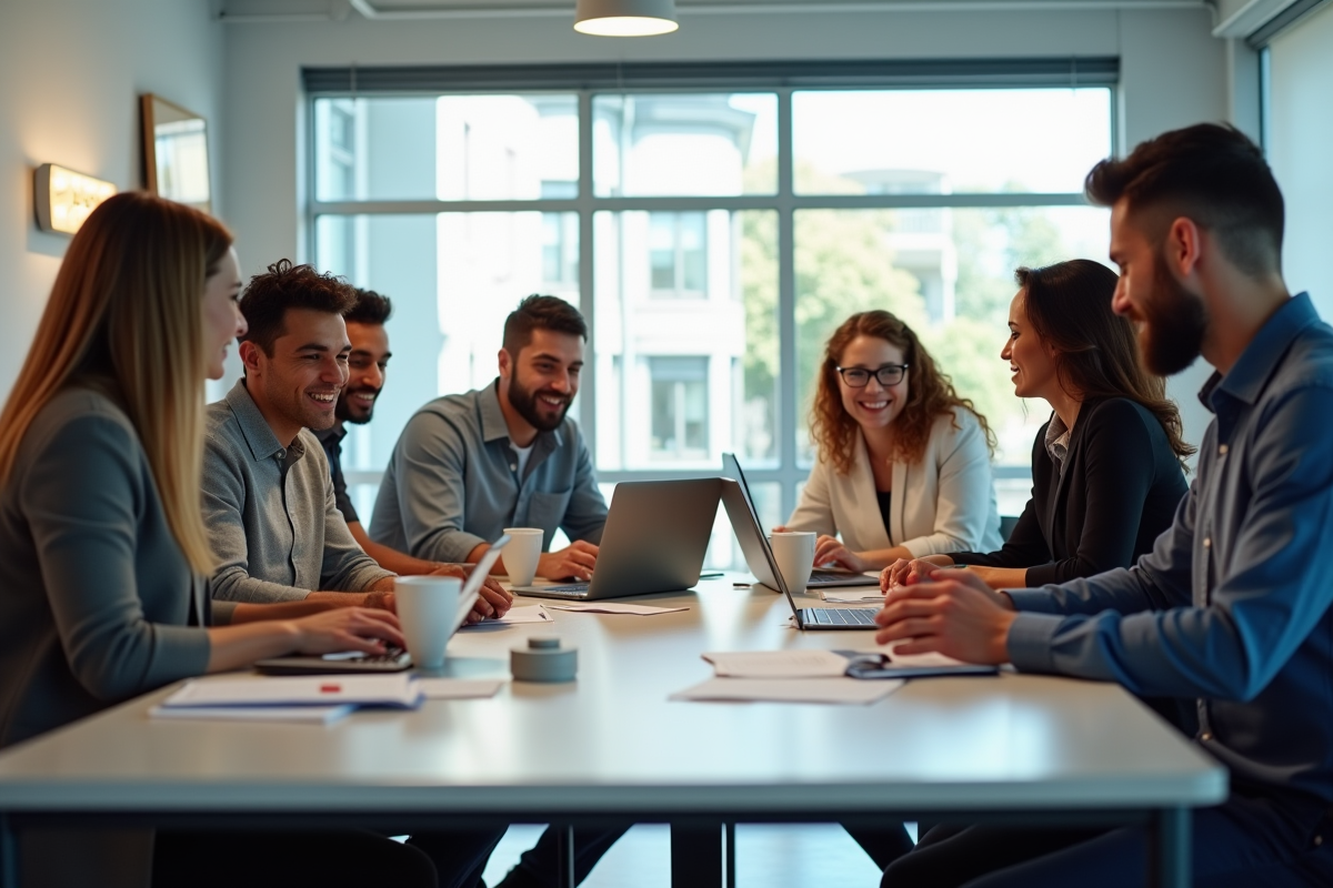 Groupe de professionnels collaborant dans un bureau lumineux