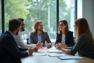 Groupe de professionnels en réunion de travail moderne