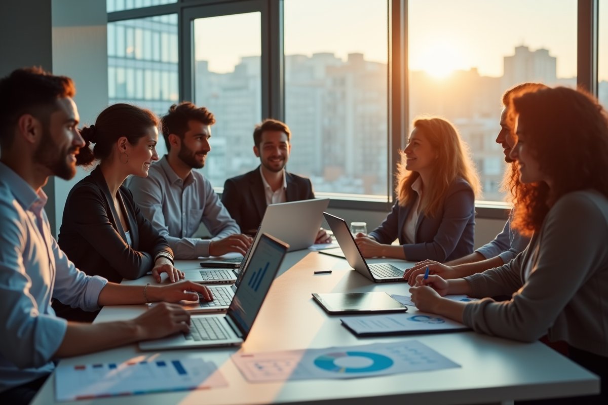 Groupe de jeunes professionnels discutant de données numériques
