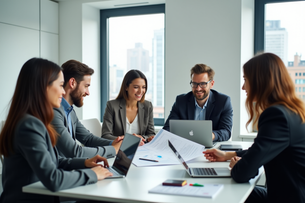Groupe de professionnels en réunion de travail moderne