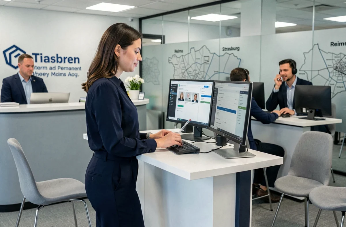 Consultante en recrutement intérim et CDI dans une agence moderne avec des références visuelles à Strasbourg et Reims