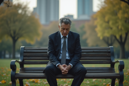 Homme d'affaires assis sur un banc dans un parc urbain