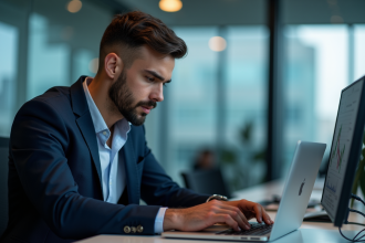 Jeune homme d'affaires regardant des graphiques crypto