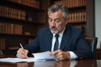 Homme d'affaires en costume lisant des documents juridiques