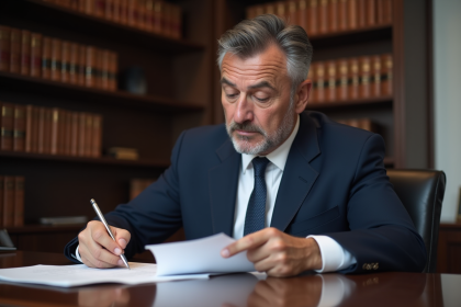 Homme d'affaires en costume lisant des documents juridiques