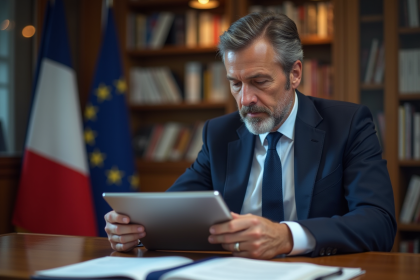 Homme d'affaires en costume bleu examinant des documents numériques