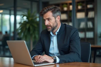 Homme en bureau compare des données sur deux laptops
