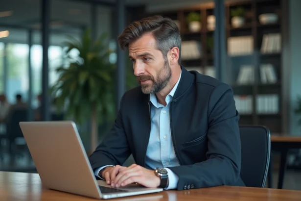 Homme en bureau compare des données sur deux laptops