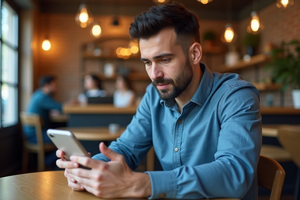 Homme travaillant sur son smartphone dans un café