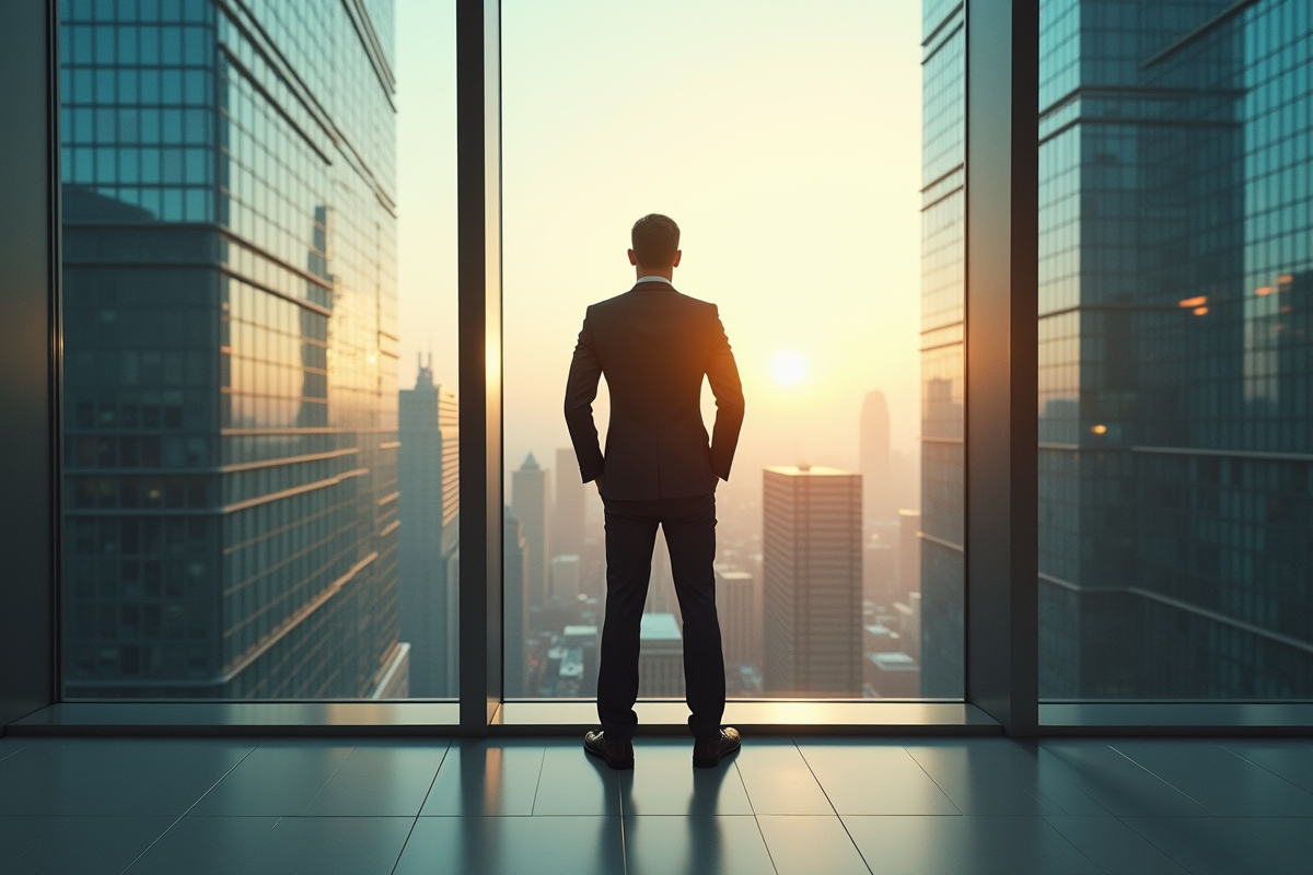 Homme d'affaires en costume au sommet d'un gratte-ciel moderne