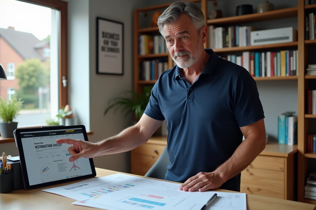 Homme entrepreneur consultant un plan d'affaires dans son bureau à domicile lors du lancement de son entreprise via partenaire-entreprise.com