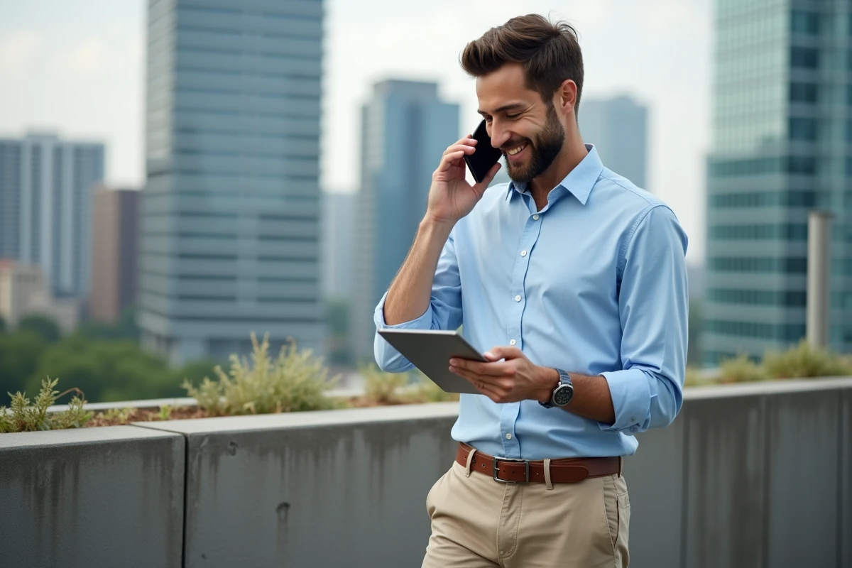 Homme entrepreneur parlant sur un rooftop urbain