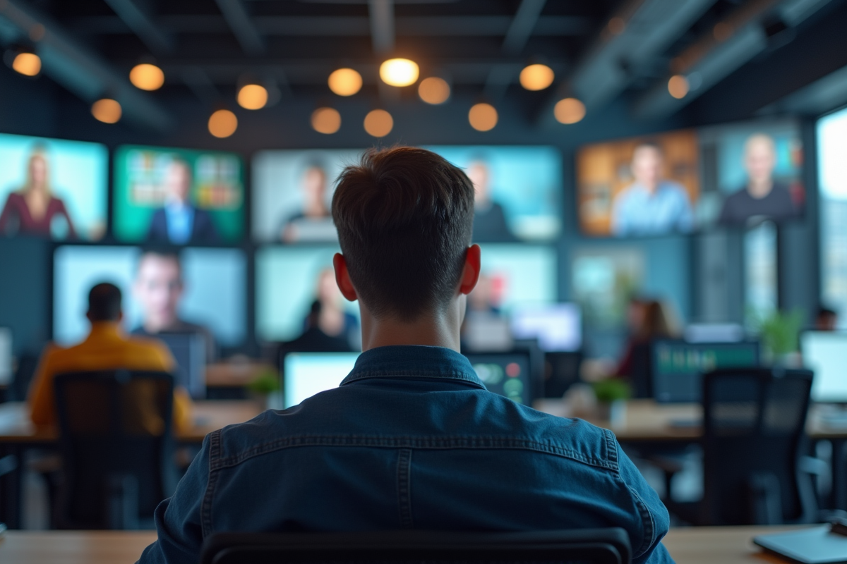 Homme dans espace de coworking avec écrans et réunions virtuelles