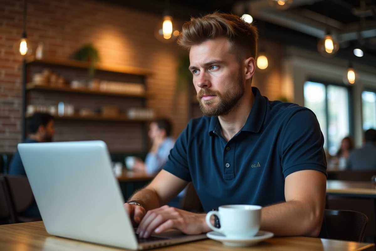 Homme consultant son espace PIXID en ligne sur un ordinateur portable dans un café pour gérer ses documents d'intérim