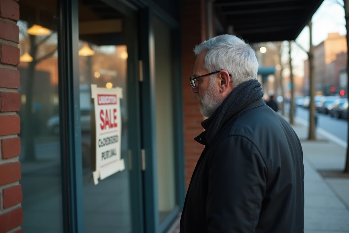 Homme regardant une affiche de liquidation devant une boutique ferm&eacute;e