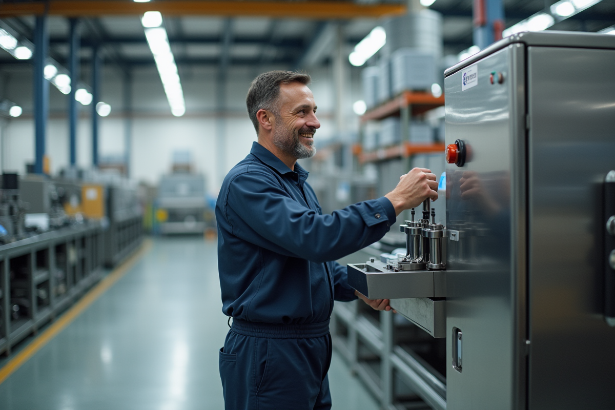 Homme en uniforme ajustant une machine industrielle