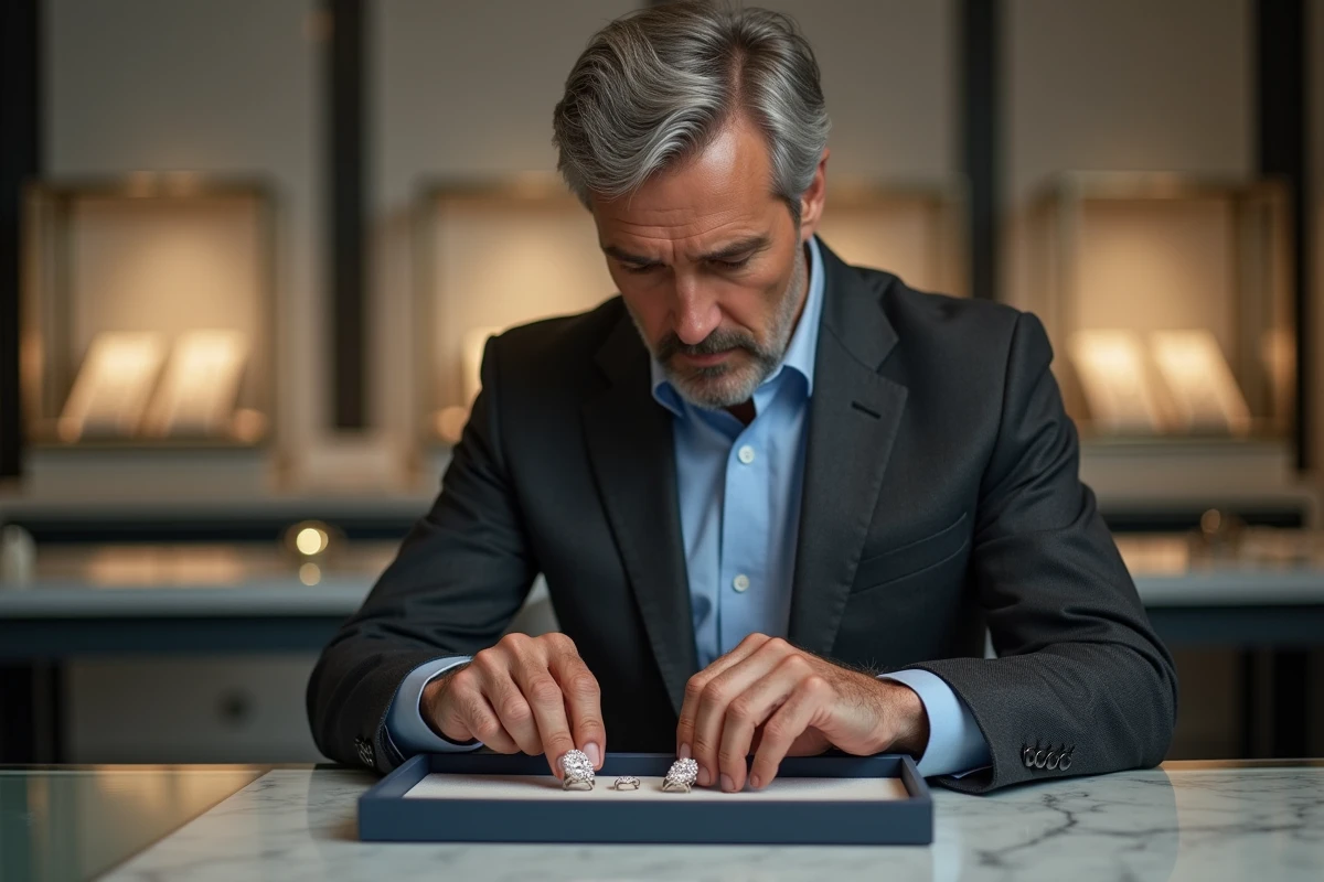 Homme élégant comparant deux bagues en bijouterie