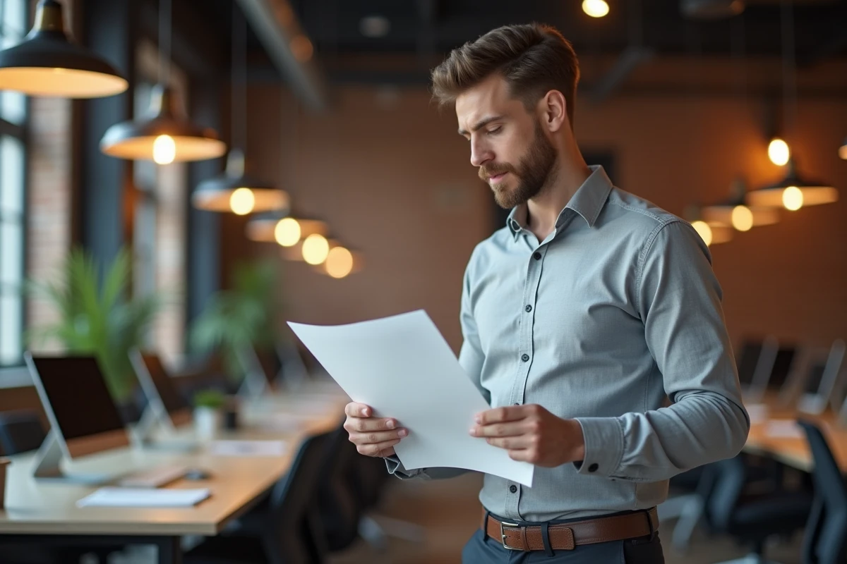 Homme relisant sa lettre de motivation dans un espace de coworking moderne avant un entretien